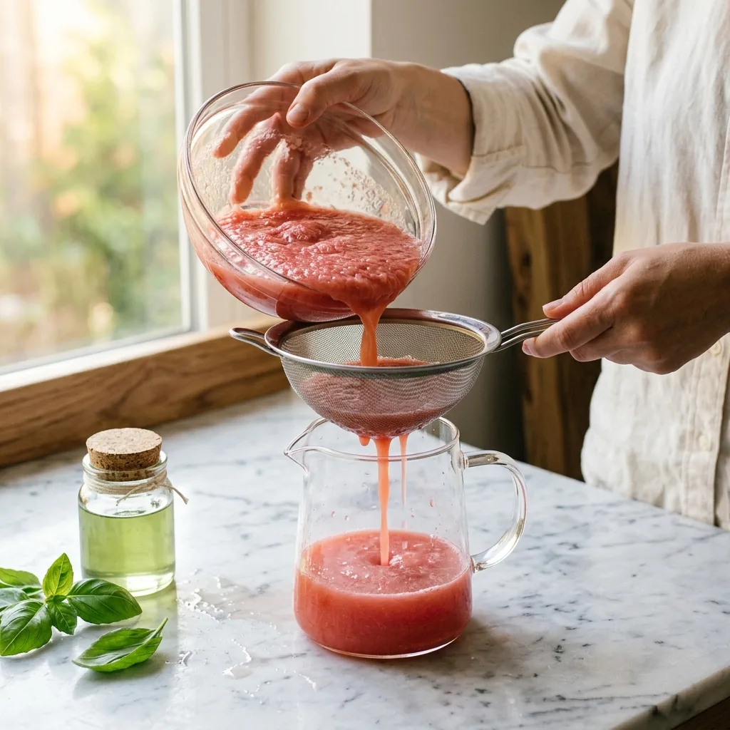 Chilled watermelon purée being strained through a fine-mesh sieve into a pitcher beside a jar of basil syrup