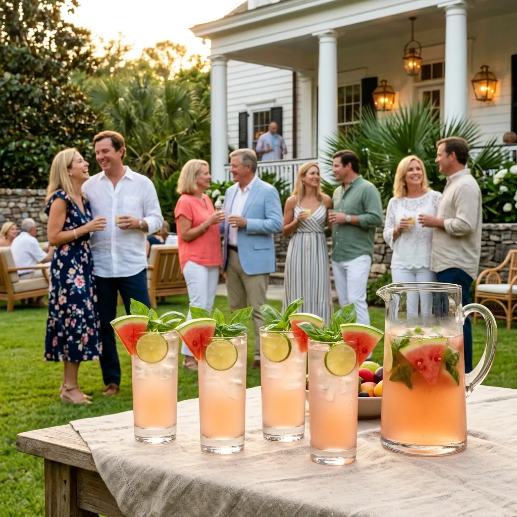 Pale rose Watermelon Basil Coolers on an estate lawn table at a summer cookout, guests gathered behind