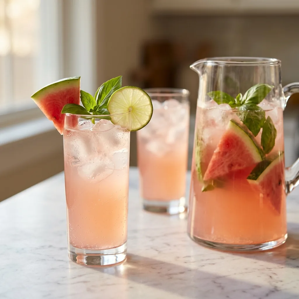 Two Watermelon Basil Coolers beside a pitcher with floating watermelon triangles, lime wheels, and basil sprigs