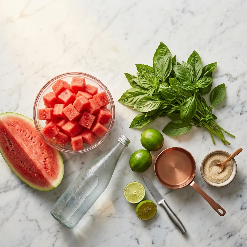 Watermelon Basil Cooler ingredients on marble: cubed seedless watermelon, fresh basil, limes, sugar, and sparkling water