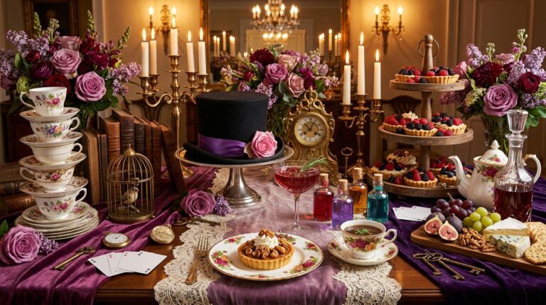 The Mad Hatter dinner party table: stacked antique teacups, a top hat with purple ribbon, candlelight and plum velvet