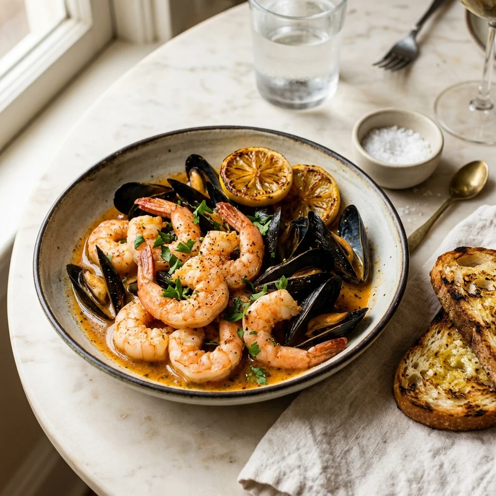 Mussels and Shrimp in Cajun Butter Sauce, a Vault recipe on the menu of Tide to Table
