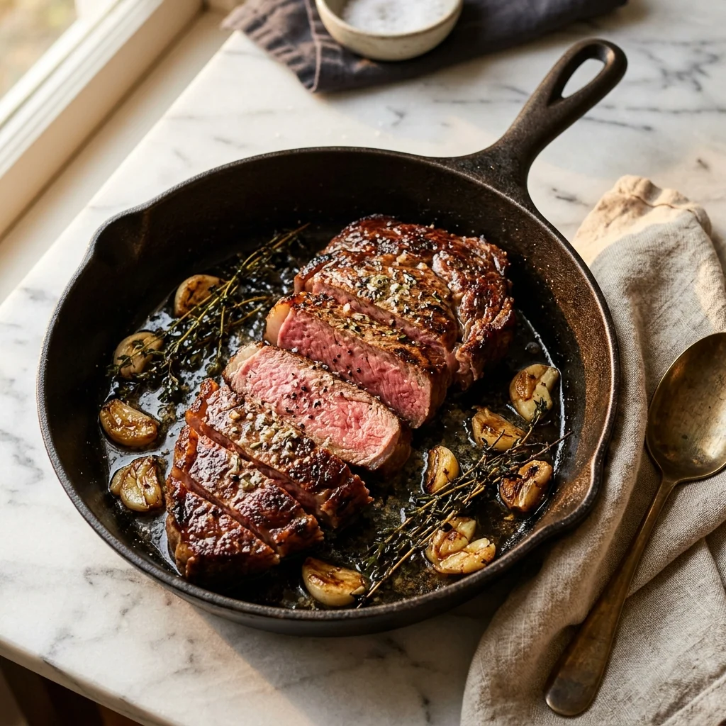 Cast-Iron Skillet Steak, a Vault recipe on the menu of Melting Moments