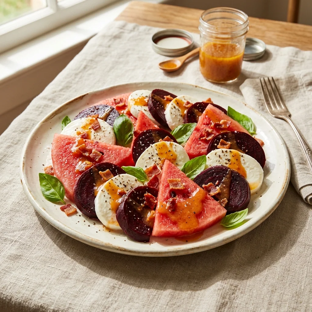 Watermelon-Beet Caprese, a Vault recipe on the menu of The Mad Hatter