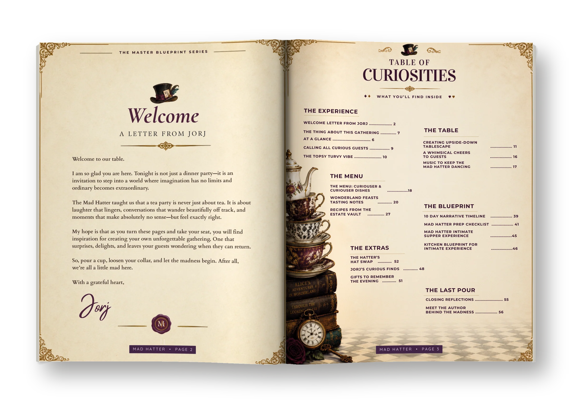 The Mad Hatter open to the welcome letter from Jorj and the table of contents