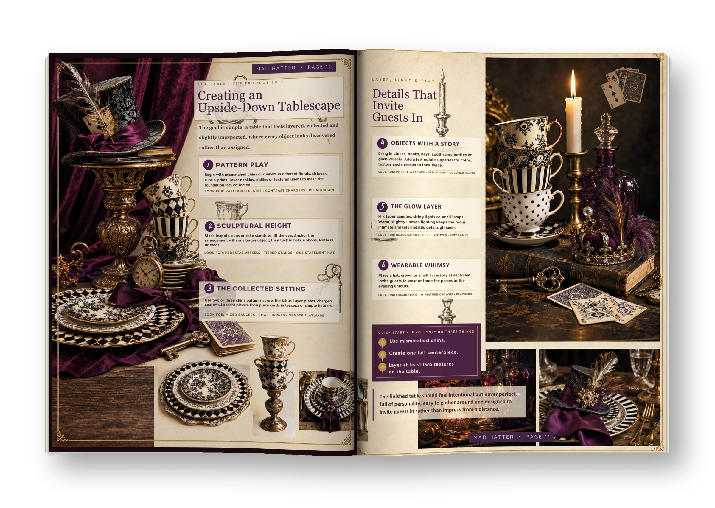 The Mad Hatter open to the pages on creating an upside-down tablescape