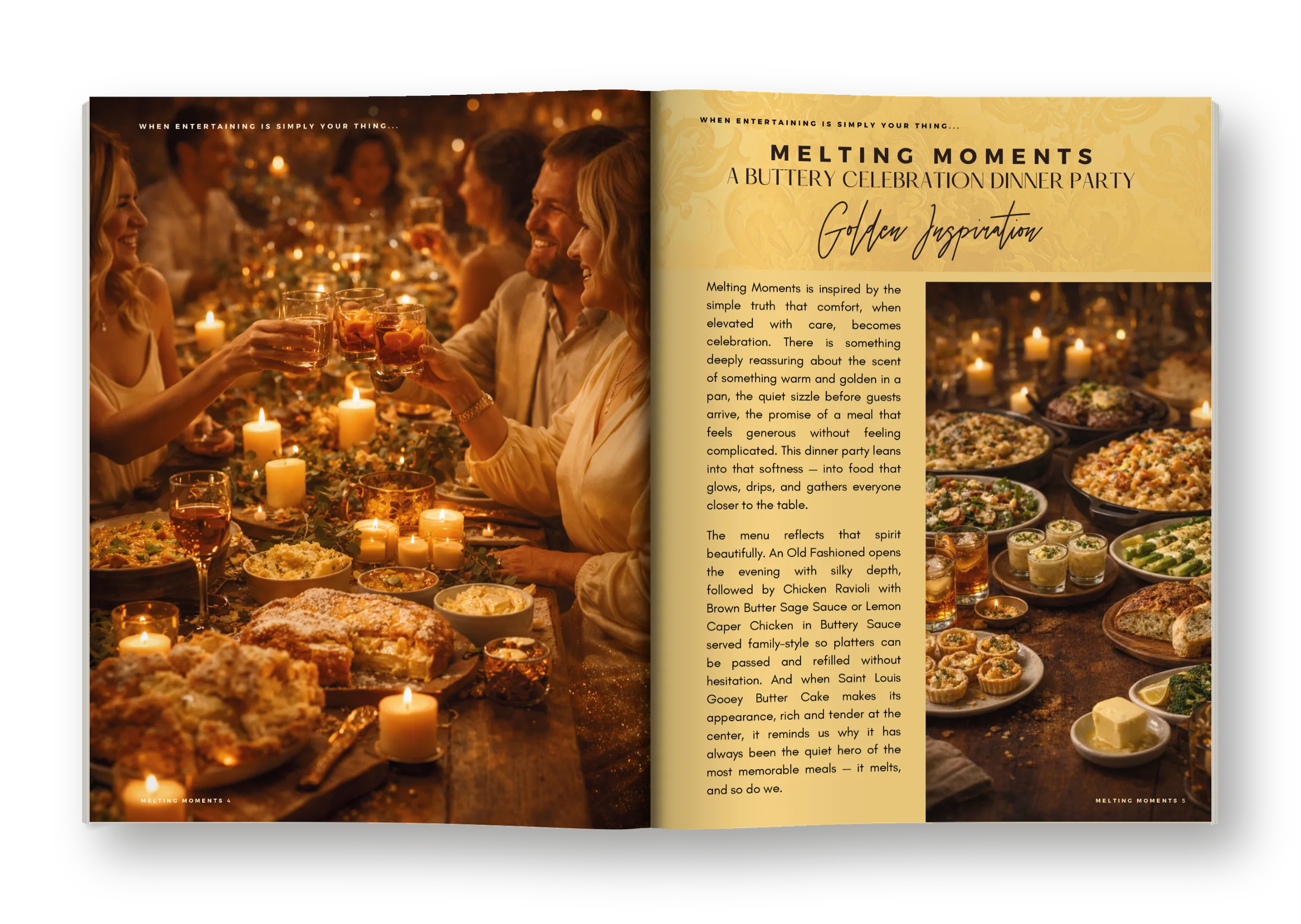 Melting Moments open to a candlelit dinner party and the Golden Inspiration page